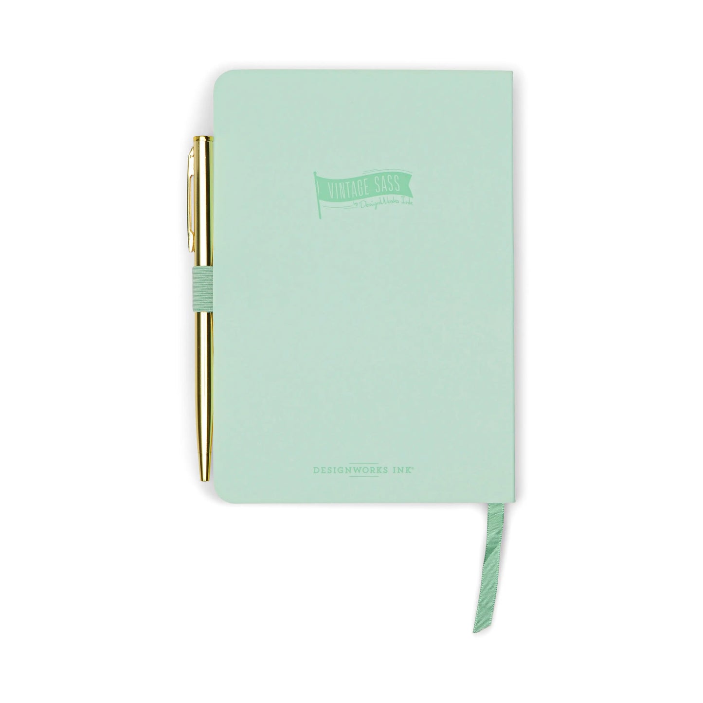 The Vintage Sass Notebook with Pen - Leaf Me Alone features a mint green cover with embossed details, a gold pen attached to the side, and a matching ribbon bookmark—perfect for stylish note-taking.
