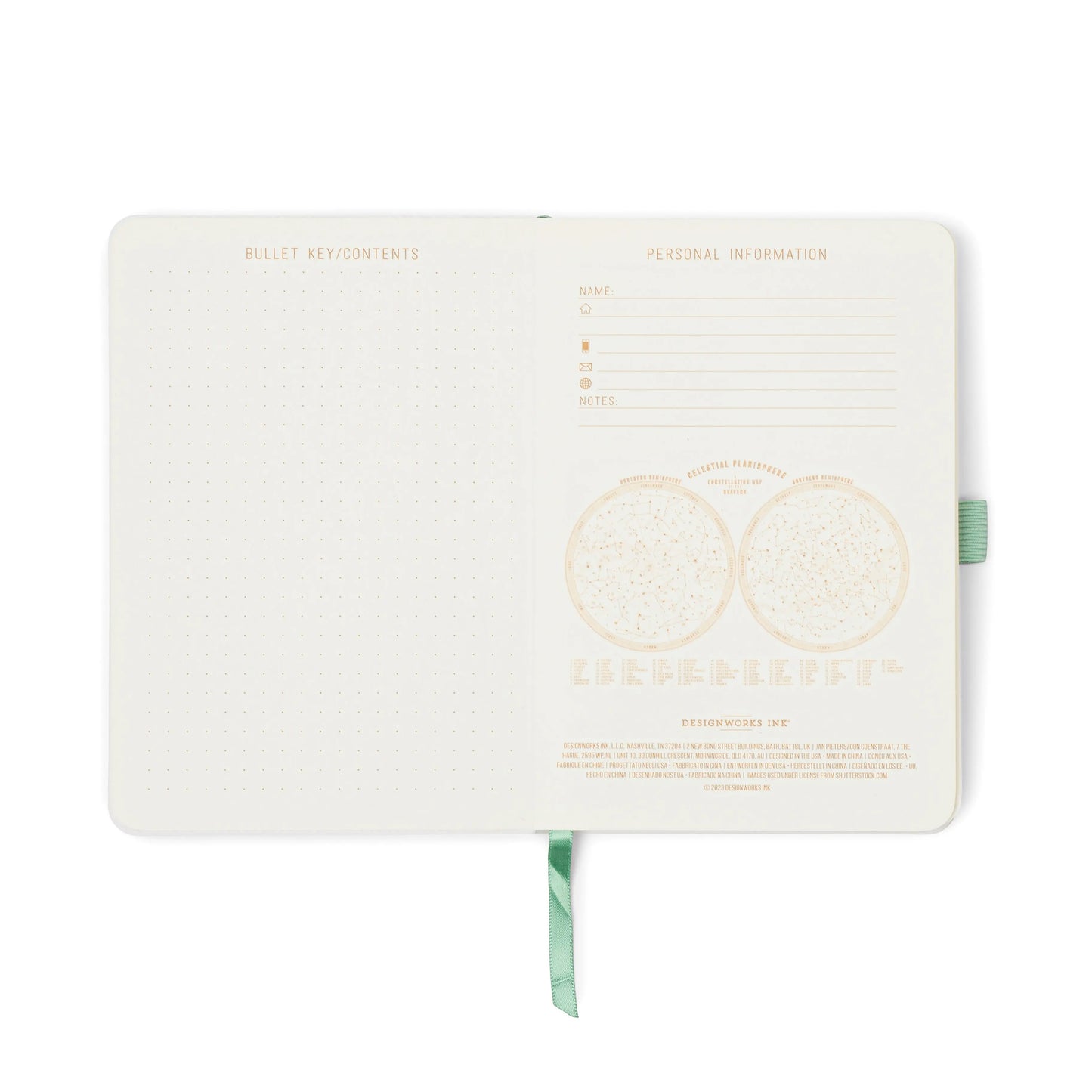 The Vintage Sass Notebook with Pen - Leaf Me Alone displays dotted pages for notes on the left and a personal info form with circular designs on the right, plus a green ribbon bookmark for easy navigation.