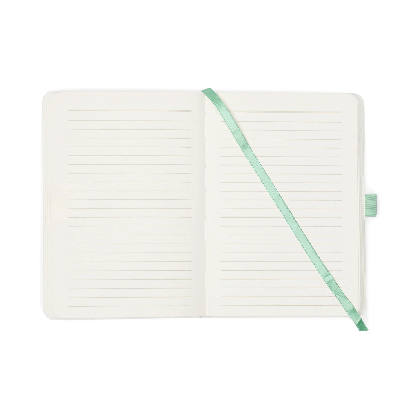 The Vintage Sass Notebook with Pen - Leaf Me Alone is an open lined journal with a unique design and a green ribbon bookmark, ideal for note-taking.