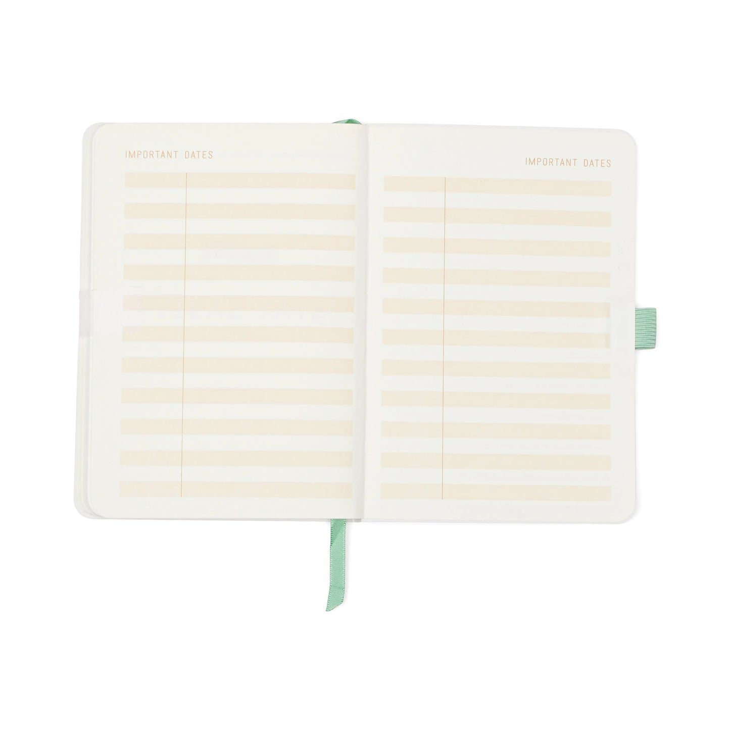 The Vintage Sass Notebook with Pen - Leaf Me Alone features a unique open journal design: two Important Dates pages with horizontal lines for notes, plus a green ribbon bookmark.