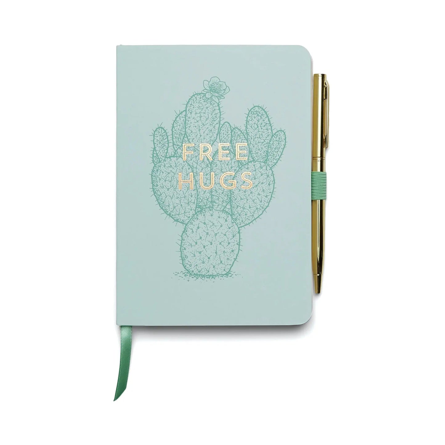 The Vintage Sass Notebook with Pen - Free Hugs features a light green cover with a cactus and “FREE HUGS” in gold foil, includes a gold pen attached to the side, and offers acid-free lined paper for lasting notes.