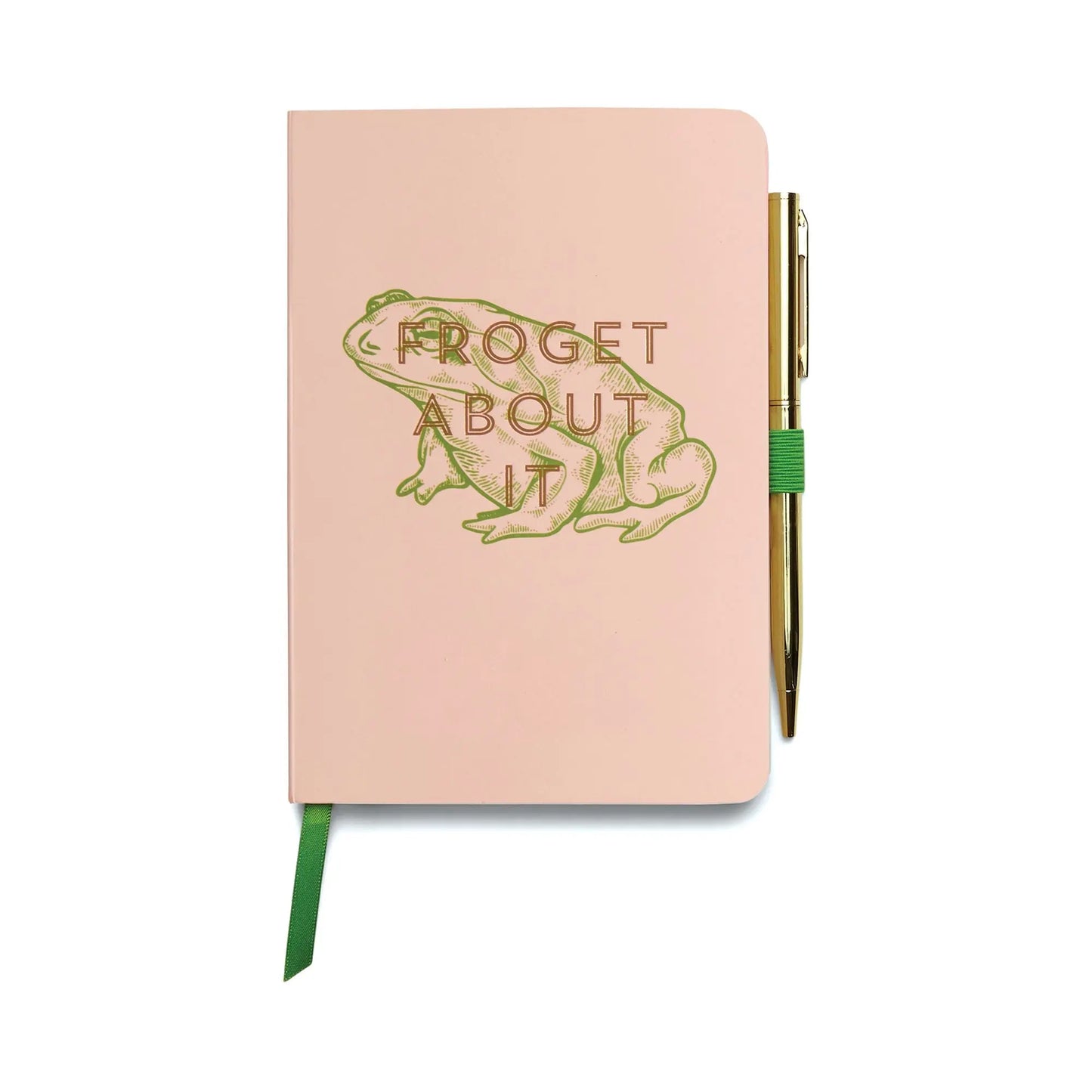 The Vintage Sass Notebook with Pen - Froget about it features a pink cover with a green frog and playful text, plus a gold pen held by a green elastic—perfect for creative notes or as a charming, unique gift.