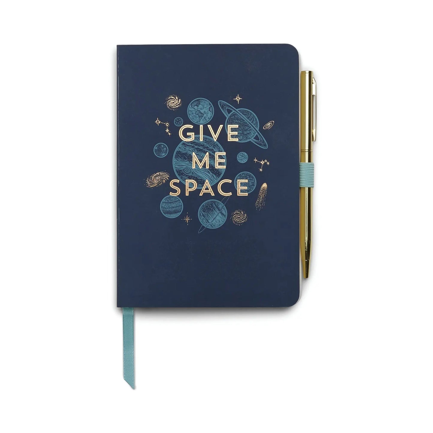 The Vintage Sass Notebook with Pen - Give Me Space features a navy blue cover with a gold and blue intergalactic design and the words GIVE ME SPACE. Comes with an attached gold pen—perfect for capturing your thoughts and creativity.