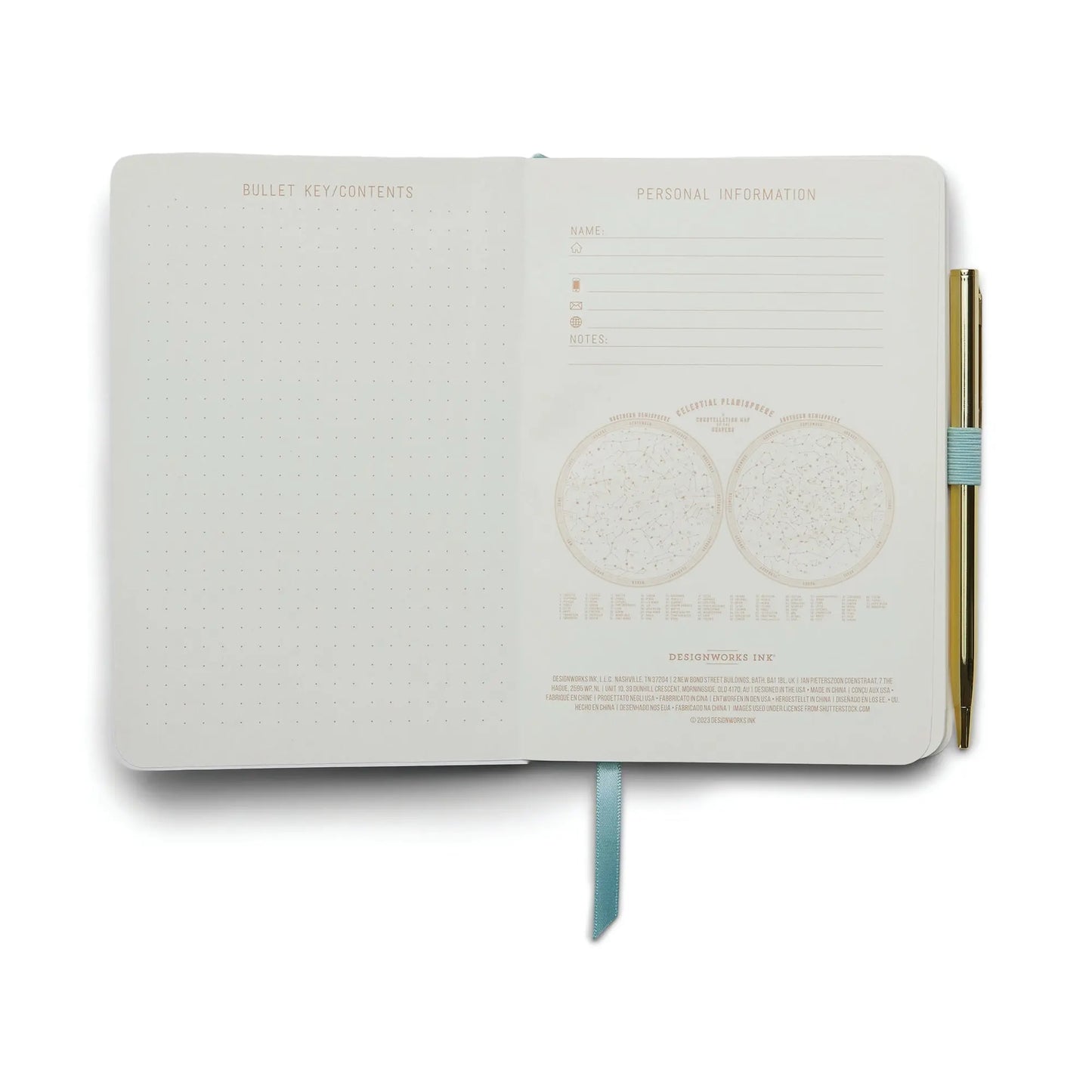 The Vintage Sass Notebook with Pen - Give me Space showcases a dotted left page, a right Personal Information page for name, contacts, notes, playful circular graphics, intergalactic designs, and comes with a gold pen to spark creativity.