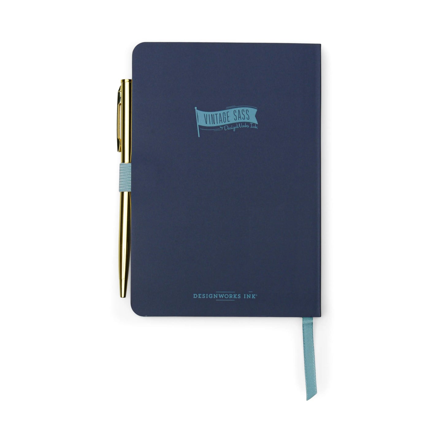 A blue Vintage Sass Notebook with Pen—Give me Space features a turquoise ribbon bookmark, attached gold pen, and intergalactic design flair, perfect for capturing your creativity.