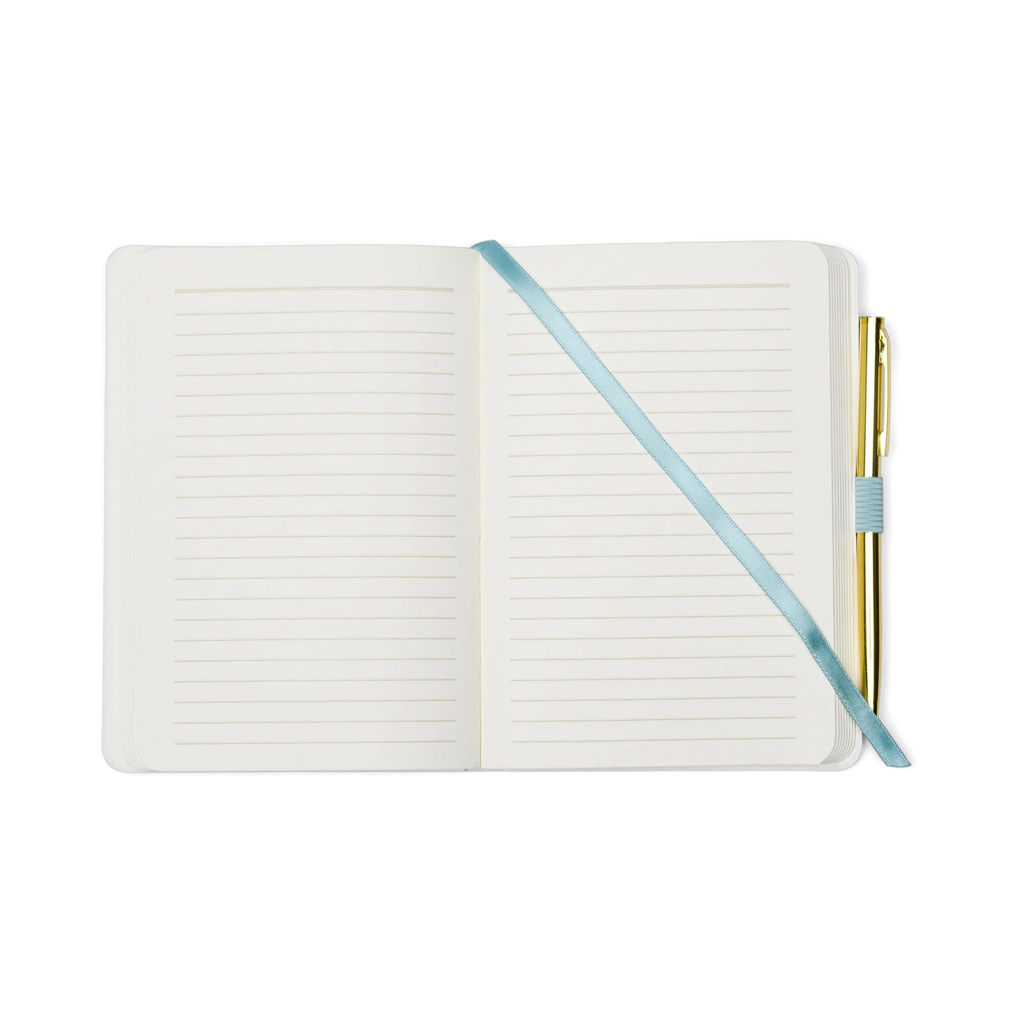 The Vintage Sass Notebook with Pen - Give me Space features an open lined design, a blue ribbon bookmark, and a gold pen attached—ideal for jotting down creative ideas or sketching out stellar intergalactic designs.