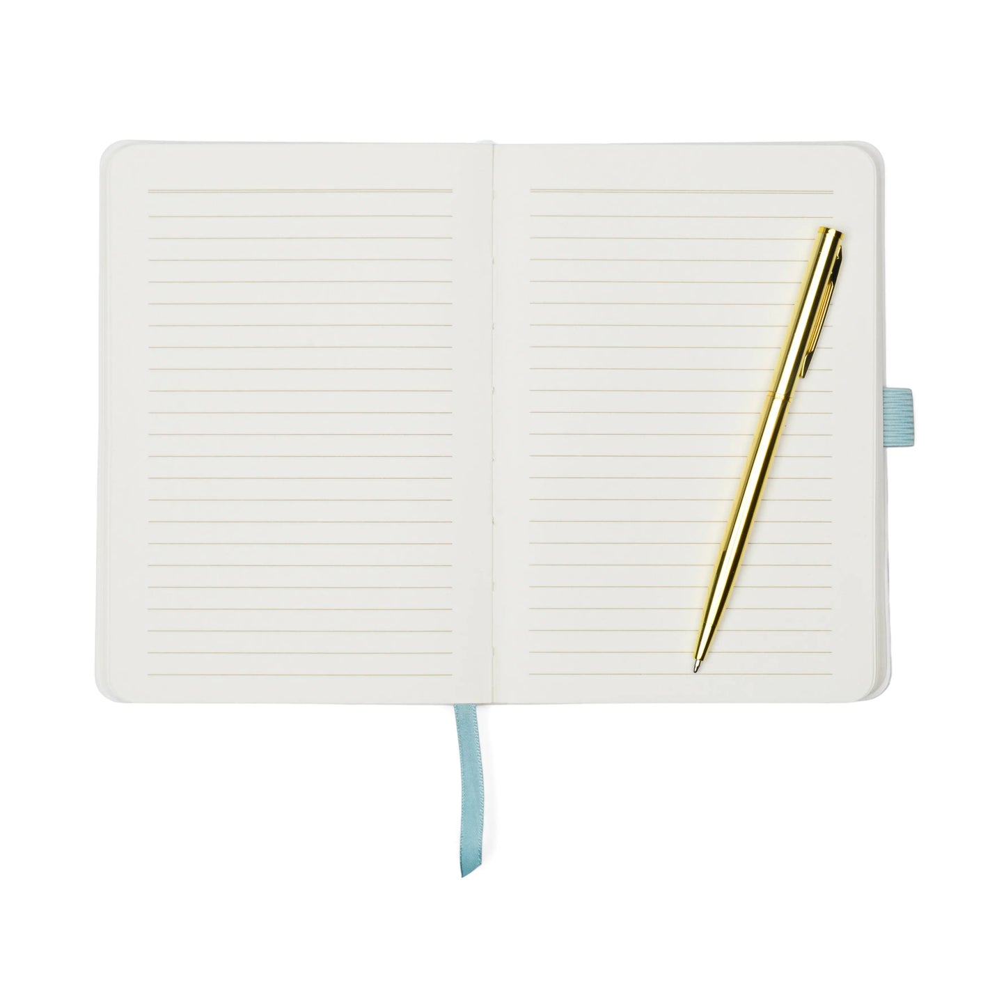 The Vintage Sass Notebook with Pen - Give me Space features an open lined journal with a blue ribbon bookmark and a gold pen on the right page, ready to capture your creativity.