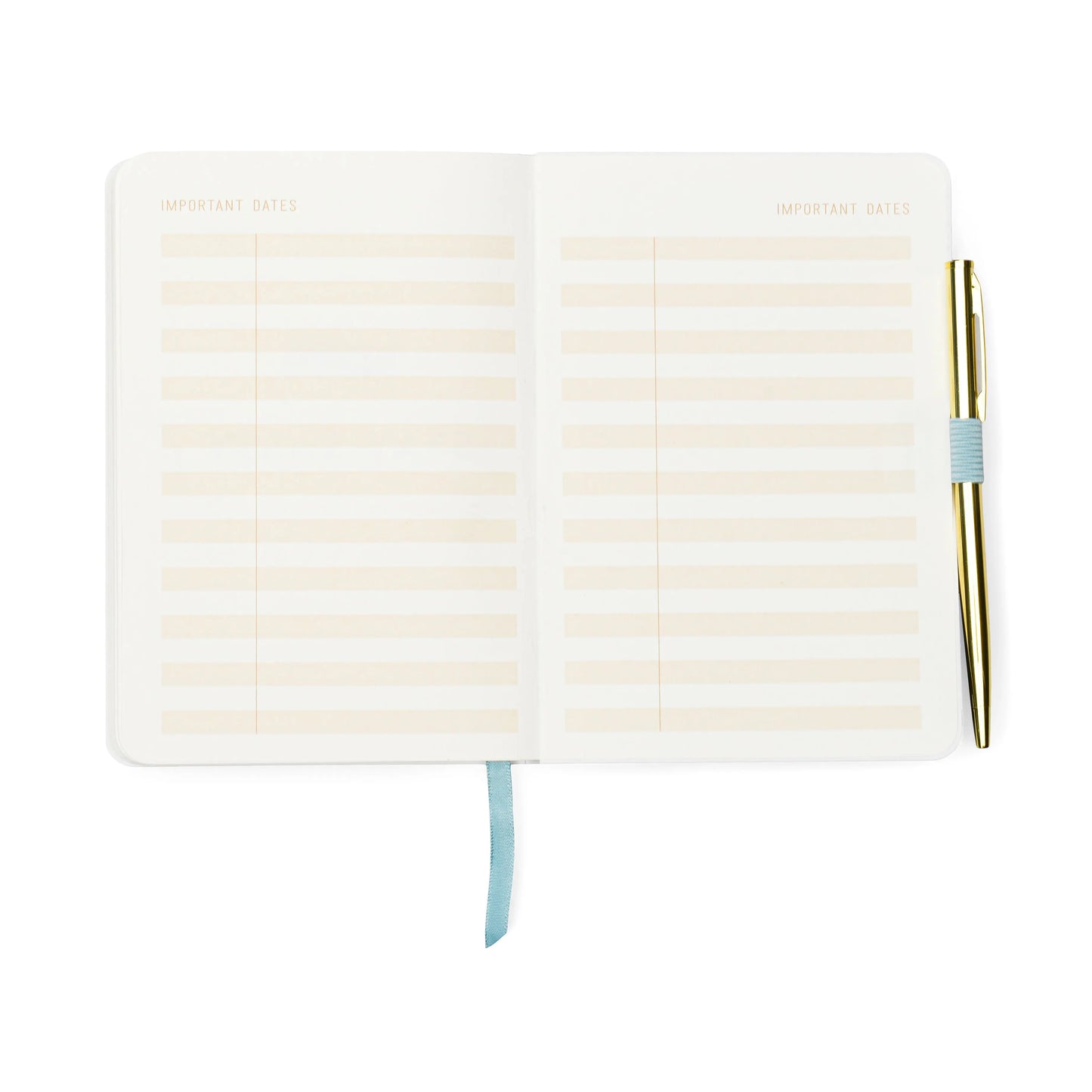The Vintage Sass Notebook with Pen - Give me Space features two open pages titled Important Dates, horizontal lines, a blue ribbon bookmark, and a gold pen attached to the side—ideal for capturing your creativity and inspiration.
