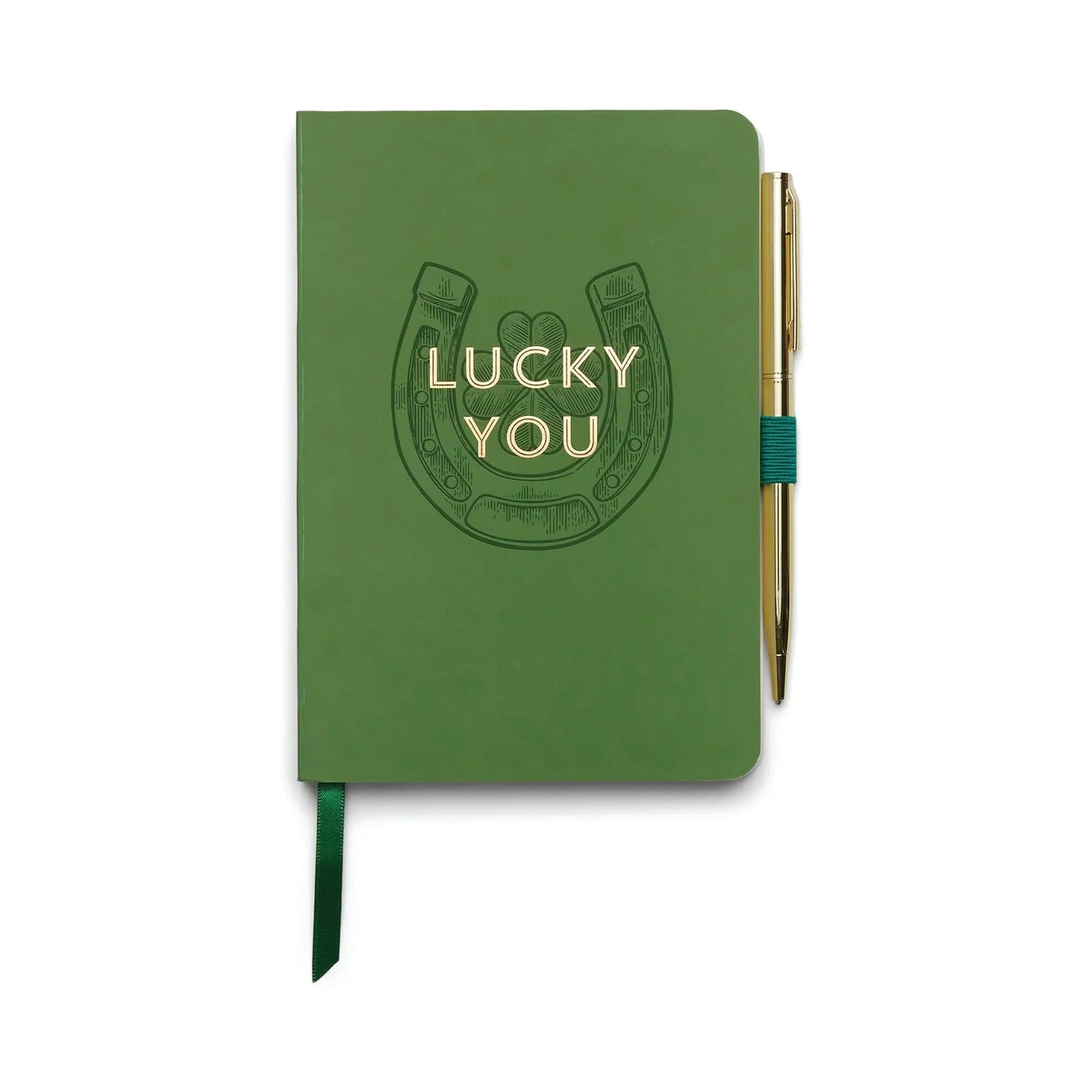 The Vintage Sass Notebook with Pen - Lucky You features a green cover with a retro horseshoe design and Lucky You text, plus an attached gold pen for convenience.