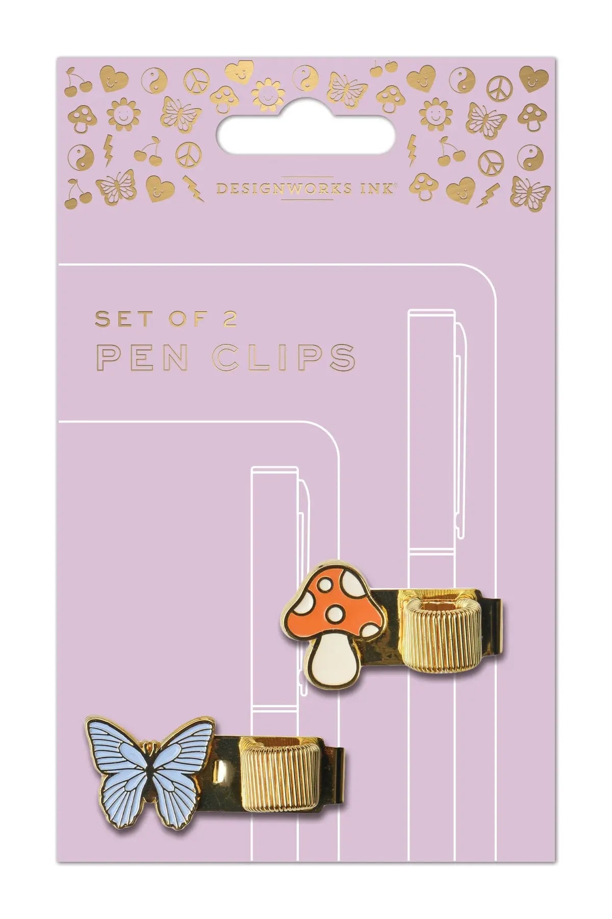 Set of 2 Pen Clips - Butterfly & Mushroom: Features gold clips on a lavender card, each with a cute enamel icon—a blue butterfly and a red and white mushroom. Ideal as journaling accessories.