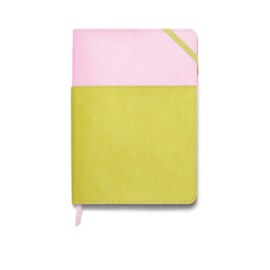 Vegan Leather Pocket Journal, 7" X 9" - Lilac + Matcha on a white background.