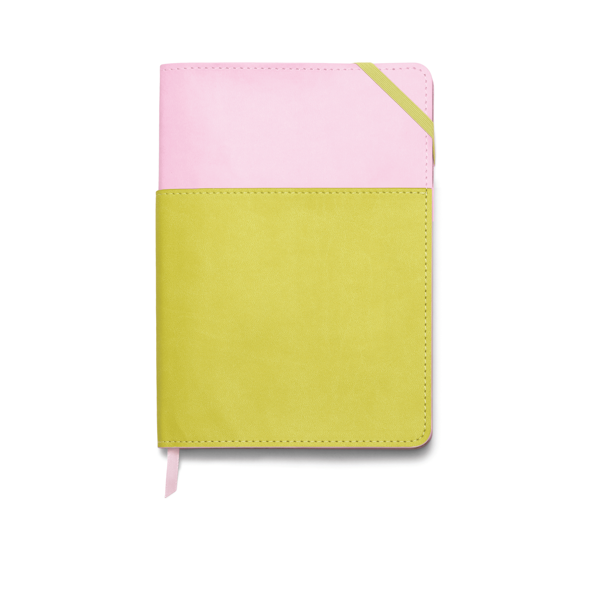 Vegan Leather Pocket Journal, 7" X 9" - Lilac + Matcha on a white background. 