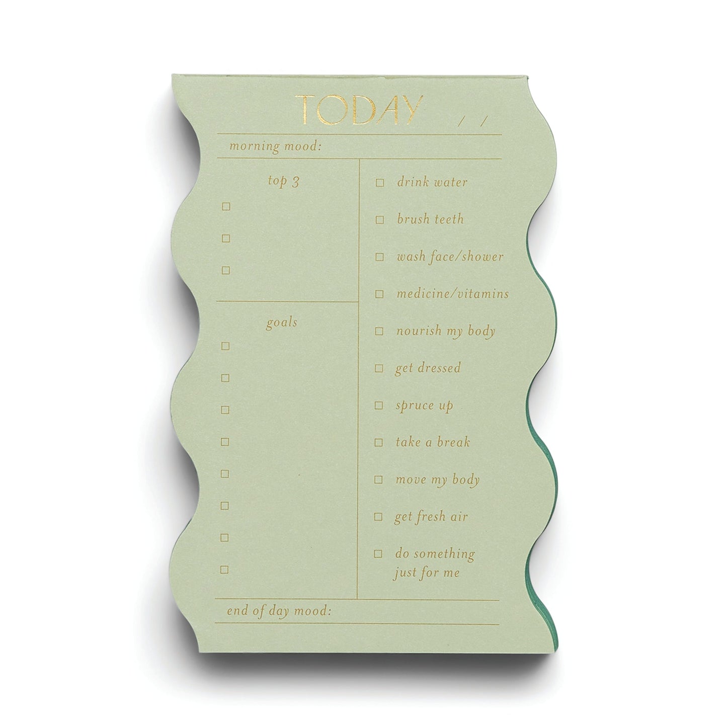 The Wavy Daily Notepad - Sage features a green wavy-edged design with sections for morning mood, daily goals, top 3 tasks, end of day mood, and a self-care checklist.
