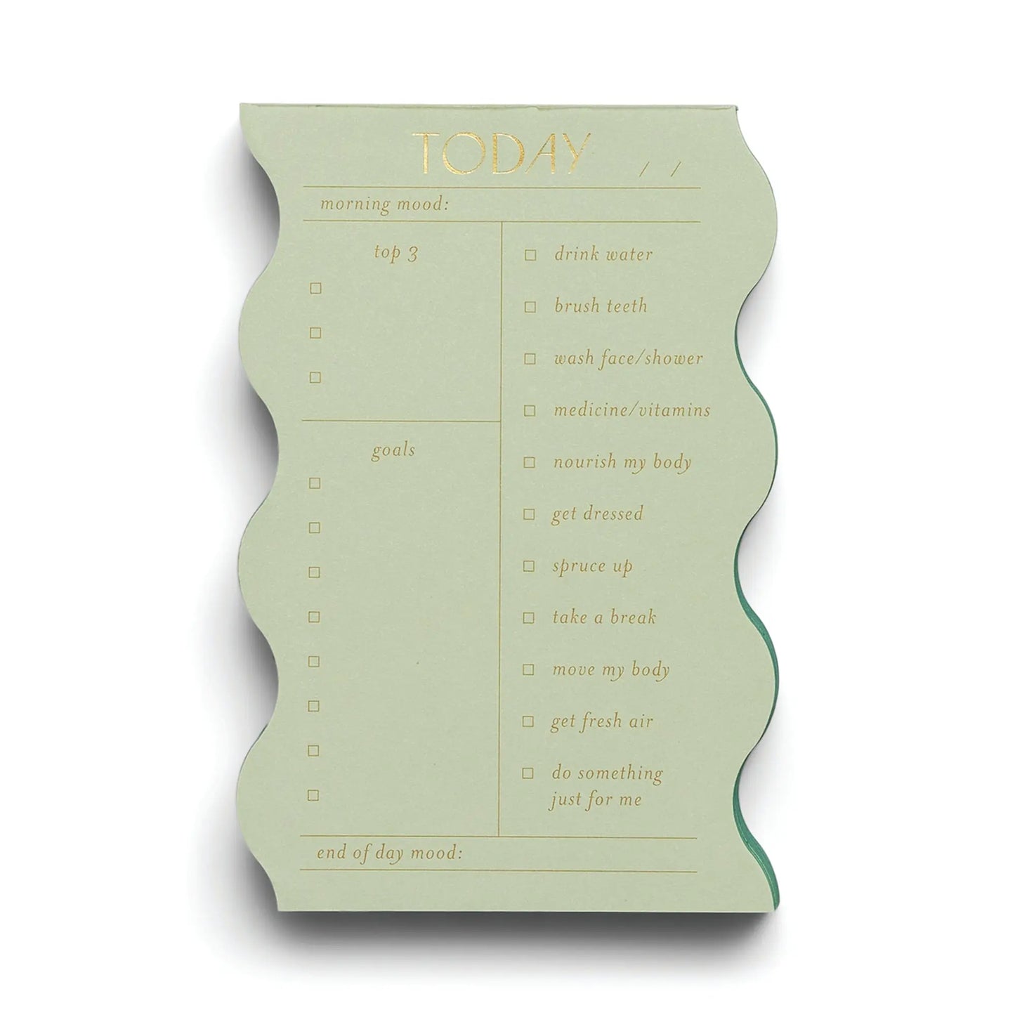 The Wavy Daily Notepad - Sage features a green wavy-edged design with sections for morning mood, daily goals, top 3 tasks, end of day mood, and a self-care checklist.