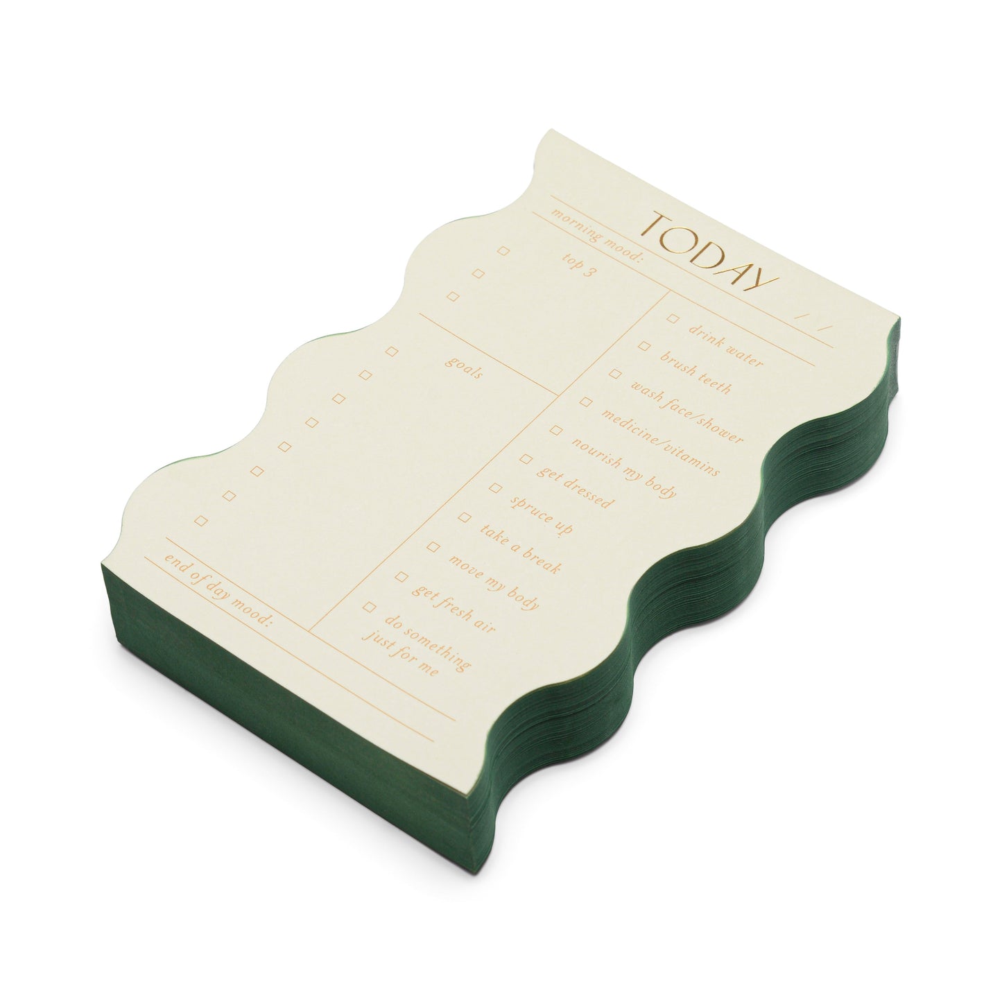The Wavy Daily Notepad - Sage features cream paper with green edges, wavy borders, and TODAY at the top, plus checklists for daily goals, self-care, meals, and habits.