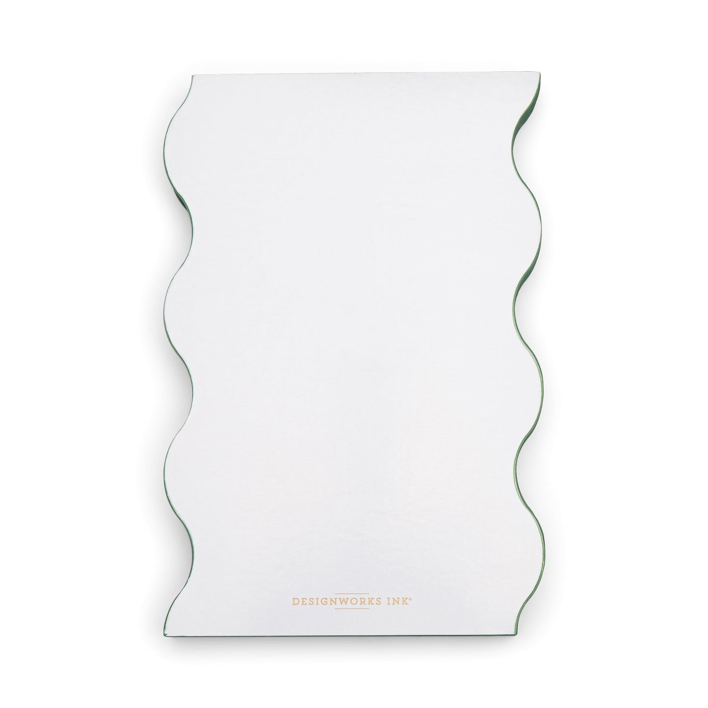 The Wavy Daily Notepad - Sage features wavy edges on both sides and is ideal for jotting daily goals or self-care tasks, with DESIGNWORKS INK printed in gold at the bottom center.