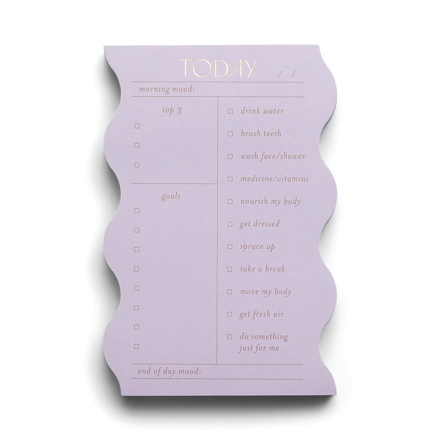 Stay organized and centered with the Wavy Daily Notepad - Lilac, featuring sections for morning and evening mood, top 3 goals, and a self-care checklist to support your daily routine.