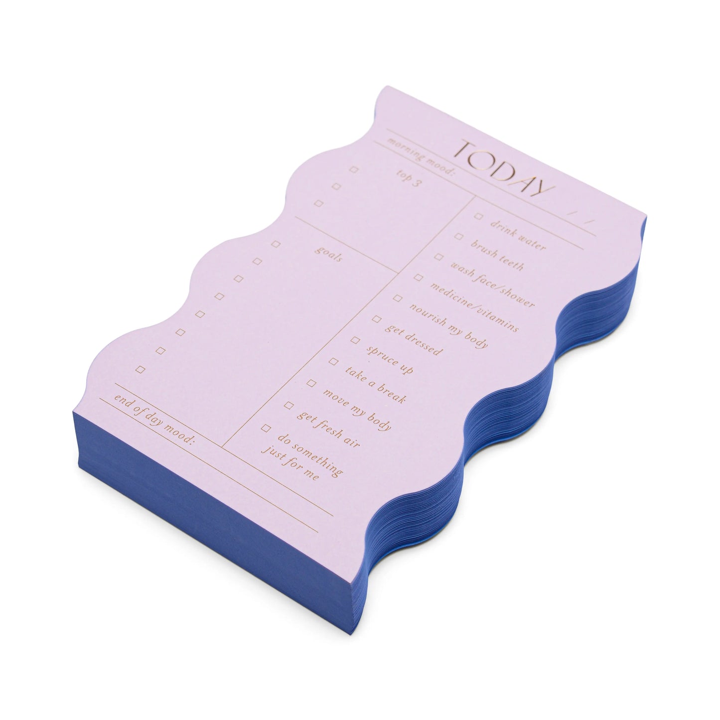 The Wavy Daily Notepad - Lilac features a wavy edge design in light purple and blue, with sections for daily goals, checklists, and self-care tasks.