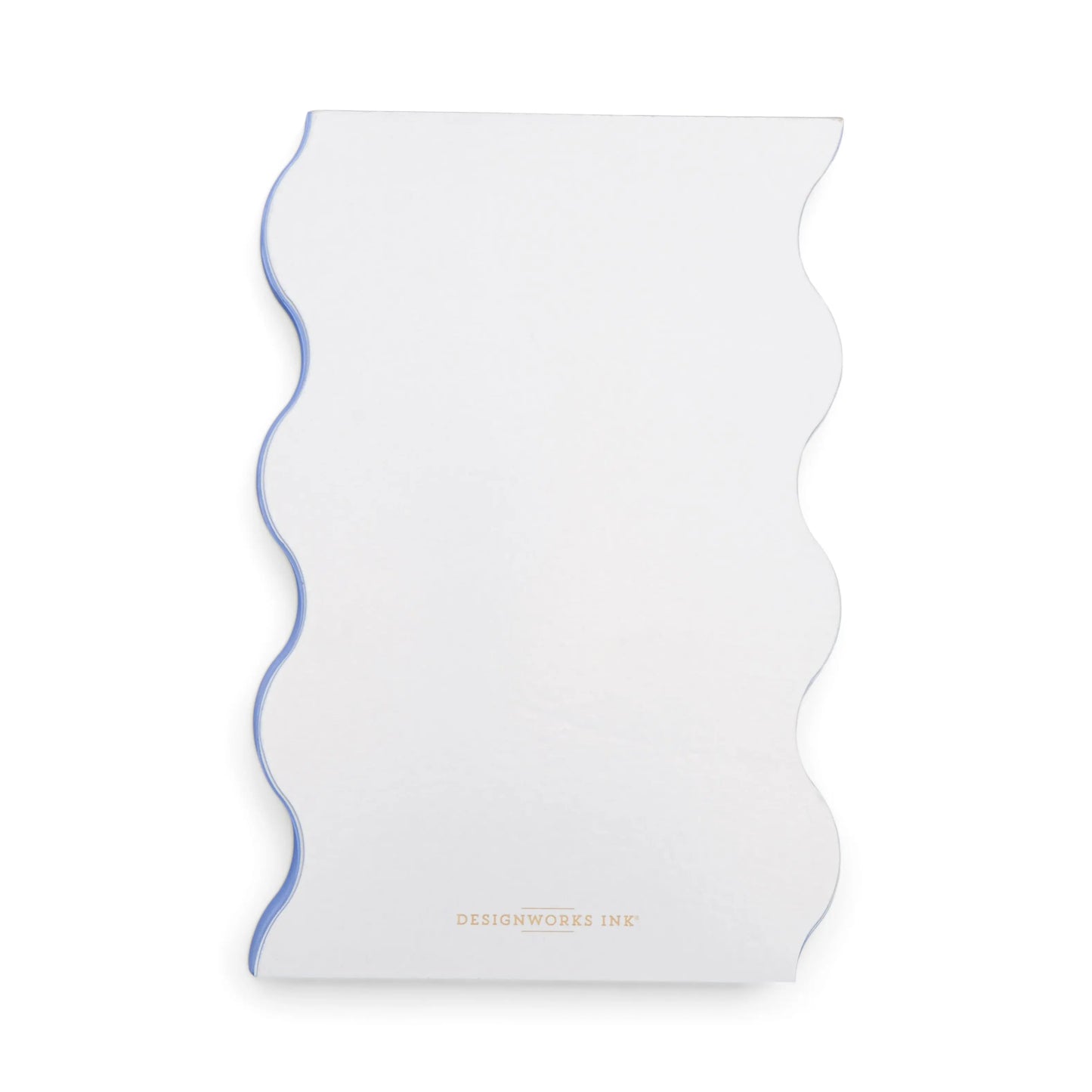 The Wavy Daily Notepad - Lilac features wavy blue edges with DESIGNWORKS INK in gold at the bottom center, ideal for jotting down daily goals or self-care tasks.