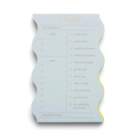 The Wavy Daily Notepad - Cloud features a wavy-edged design with sections for morning mood, top 3 goals, end-of-day mood, and a self-care checklist—ideal for organizing your day.