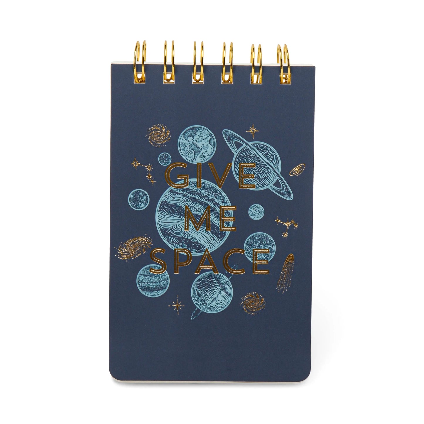 The Vintage Sass Notepad - Give me Space features a navy blue cover with gold and blue planets and stars, accented by a space-themed design and the phrase GIVE ME SPACE on the front.