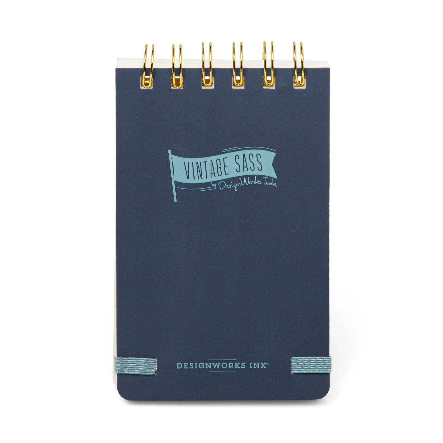 The Vintage Sass Notepad - Give me Space is a navy blue spiral-bound notepad with gold twin wire binding, VINTAGE SASS and DESIGNWORKS INK logos, light blue elastic bands at the bottom, and a subtle space-themed cover design.