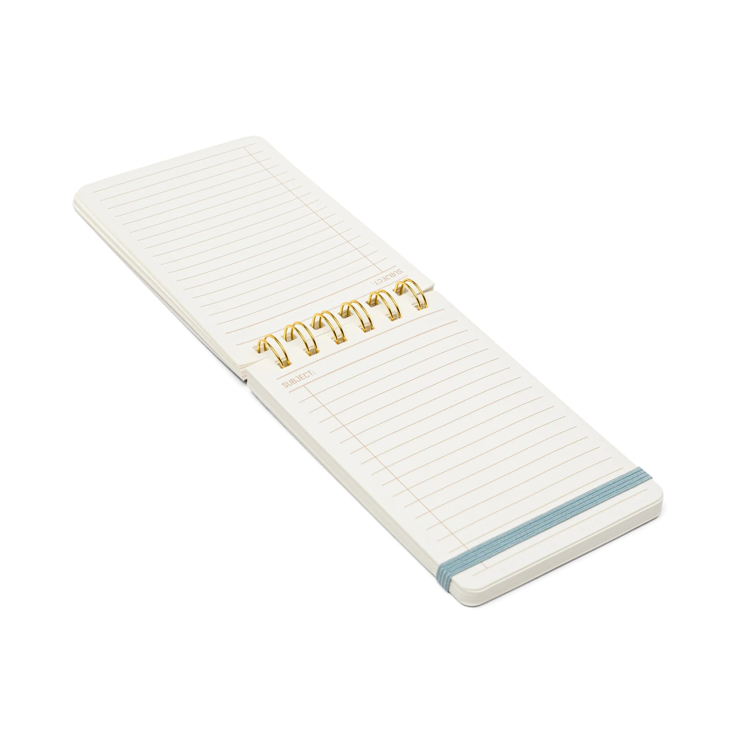 The Vintage Sass Notepad - Give me Space is a small notepad with lined pages, gold twin wire binding, and a blue elastic band, lying open and flat.