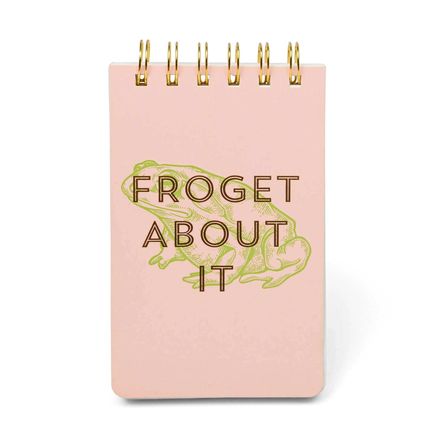 The Vintage Sass Notepad - Froget about it features a pink spiral design, twin wire binding, a green frog outline, and bold FROGET ABOUT IT text on the front.