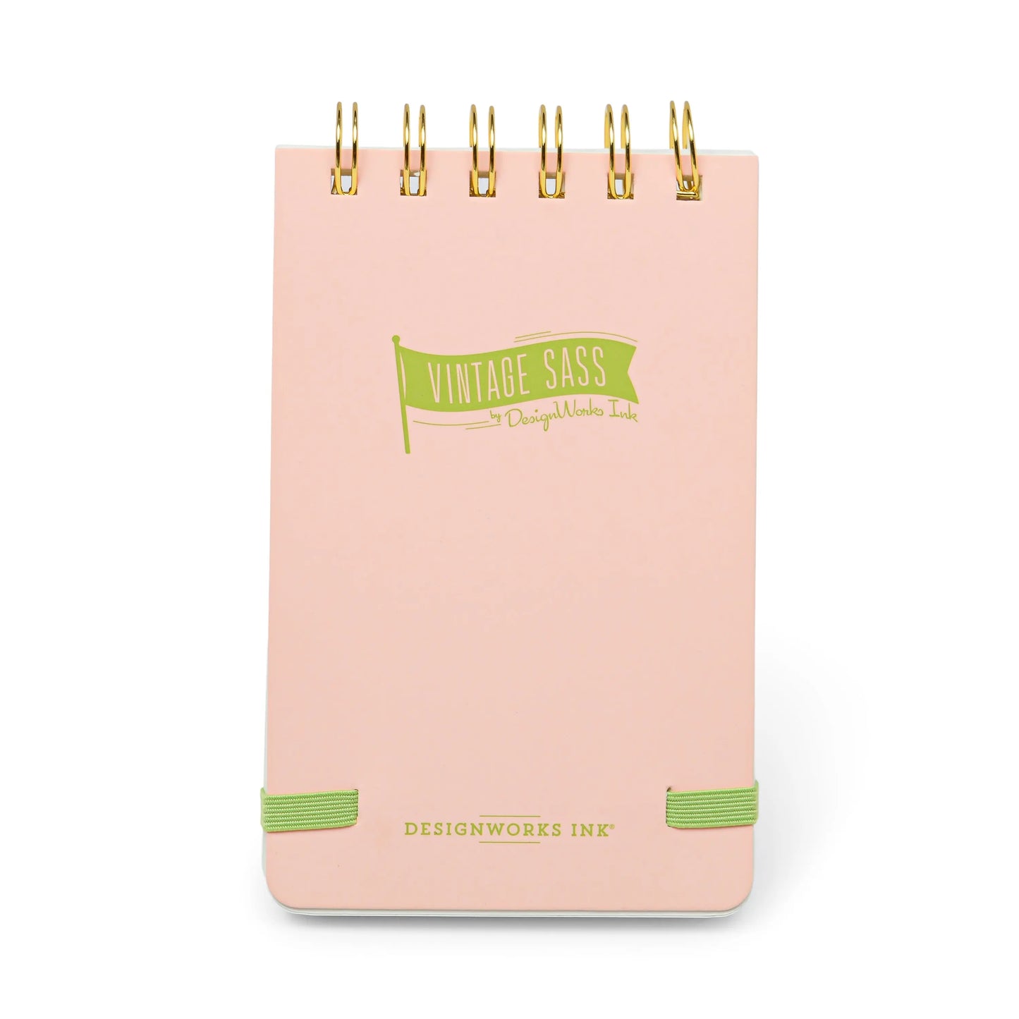 A pink Vintage Sass Notepad - Froget about it with gold twin wire binding, green elastic bands, and VINTAGE SASS plus DESIGNWORKS INK printed on the cover in green.