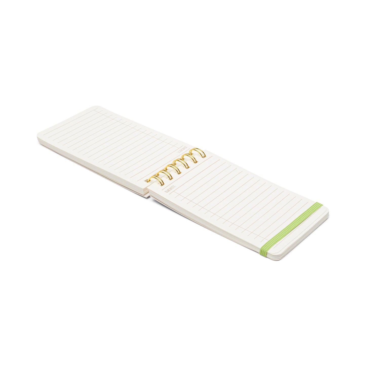 An open Vintage Sass Notepad - Froget about it with twin wire binding, lined acid-free pages, and a green elastic band lies flat on a white background.