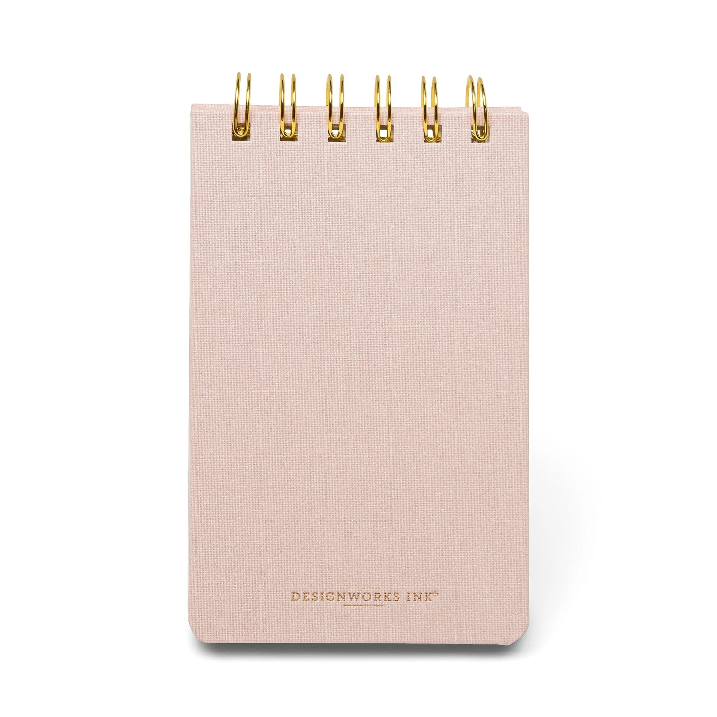 A small, light pink Twin Wire Notepad - Mystic Icons with gold rings and DESIGNWORKS INK in gold near the bottom—perfect for on-the-go notes. Features compact size and acid-free paper to keep your writing fresh and lasting.