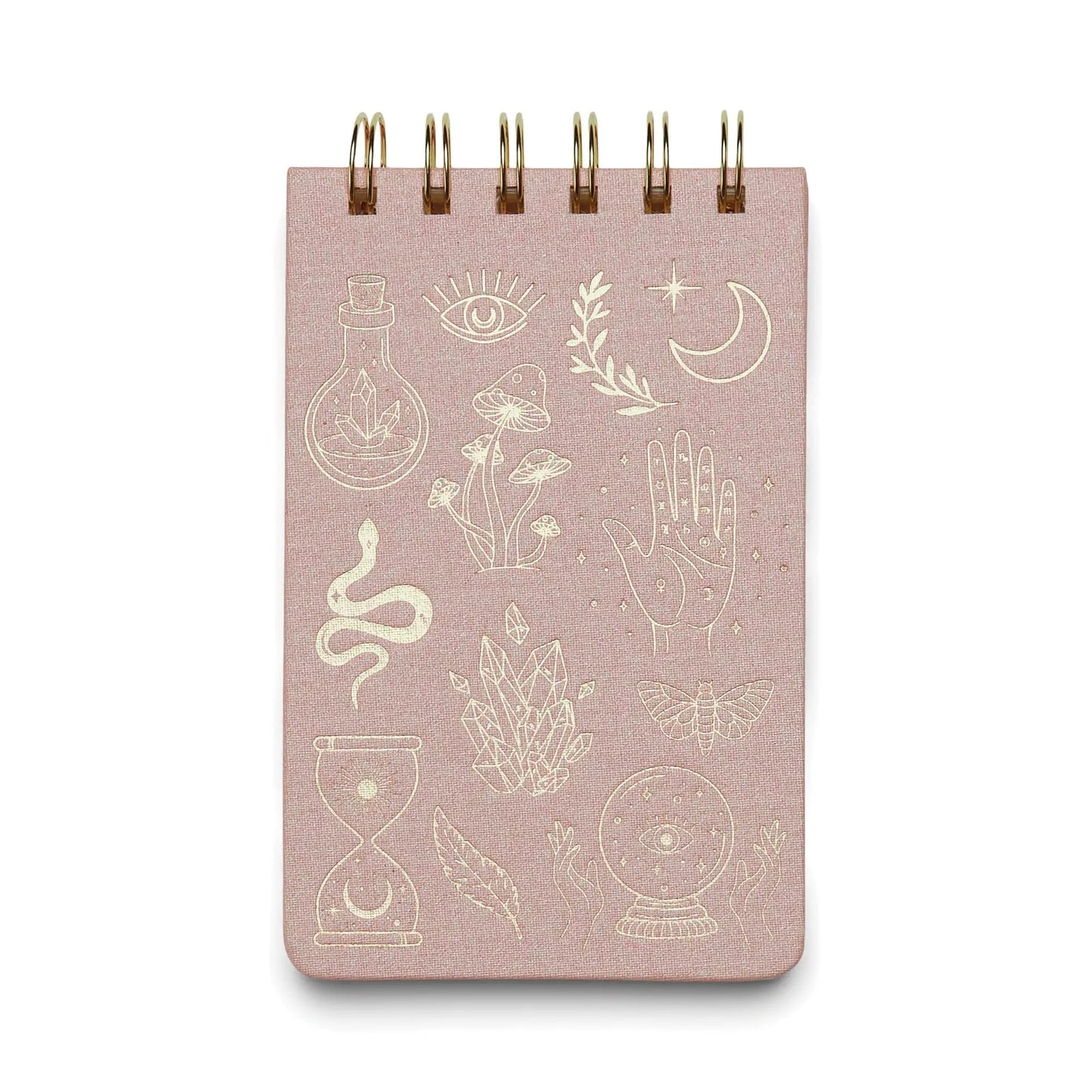The Twin Wire Notepad - Mystic Icons is a compact, spiral-bound pink notepad featuring gold illustrations—moon, crystal ball, snake, eye, hand, plants, hourglass, and geometric shapes—on the cover. Perfect for notes on the go.