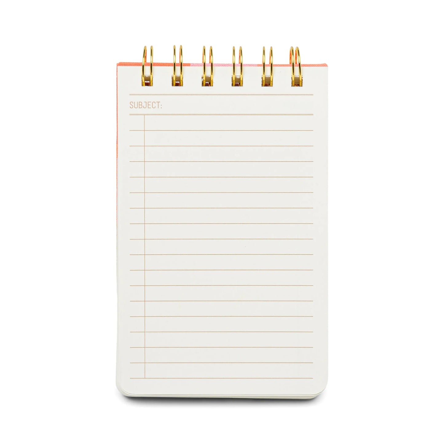 The Twin Wire Notepad - Rainbow Check is compact, with acid-free, lined pages and a SUBJECT: line at the top; spiral-bound and shown open to a blank page.