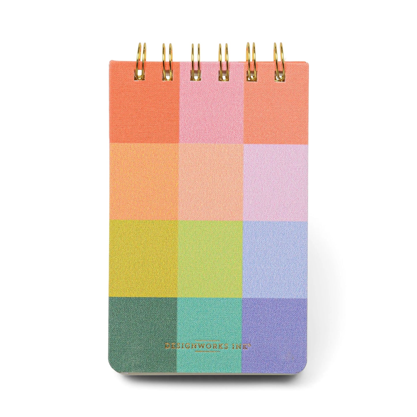 A compact Twin Wire Notepad - Rainbow Check with a spiral binding, a cover of colorful pastel squares, gold DESIGNWORKS INK text, and acid-free paper to keep notes fresh.