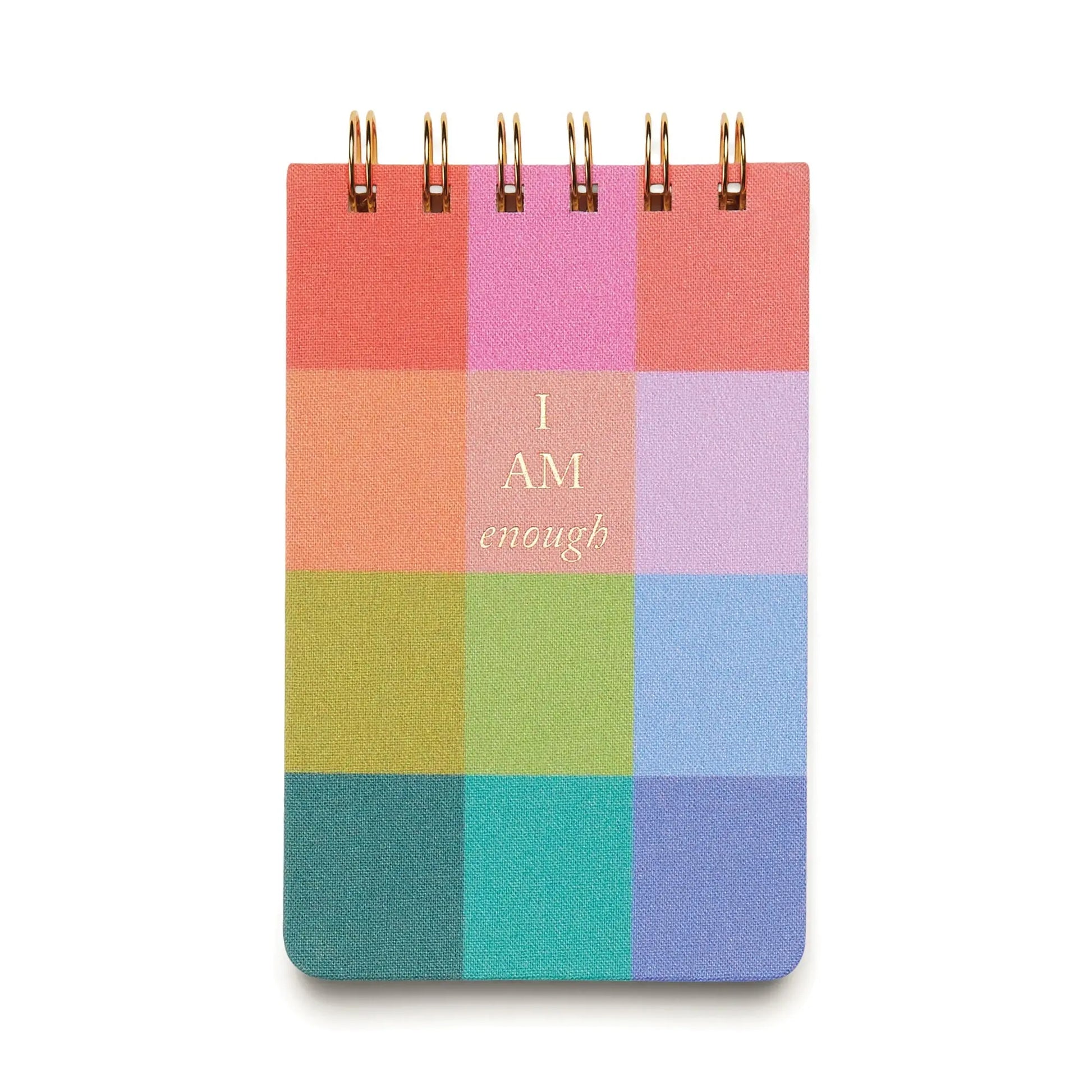 The Twin Wire Notepad - Rainbow Check features a colorful checkered cover with I AM enough in gold on the front and acid-free paper inside.