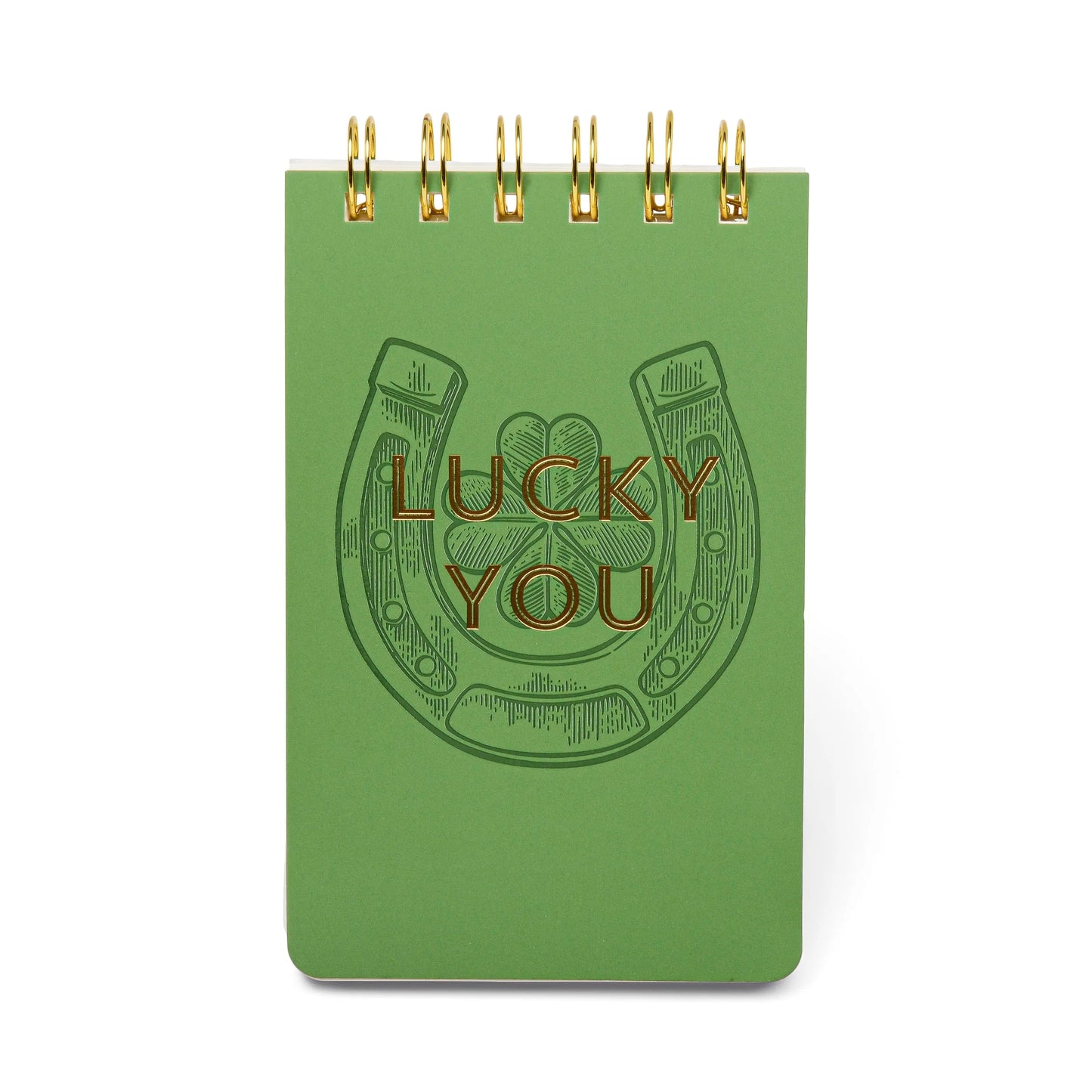 The Vintage Sass Notepad - Lucky you features a green cover with an embossed horseshoe and the phrase Lucky You, giving it retro charm and a lucky vibe.