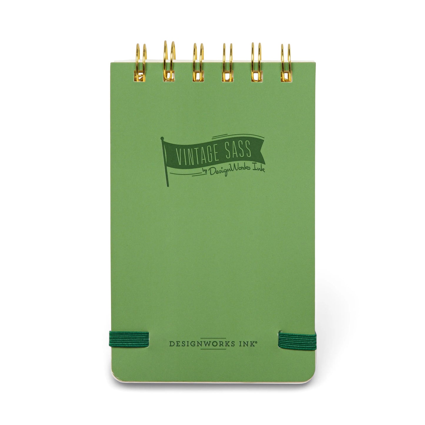 The Vintage Sass Notepad - Lucky you is a green spiral-bound notepad with retro charm, a DesignWorks Ink cover, and two green elastic corner bands for a lucky touch.