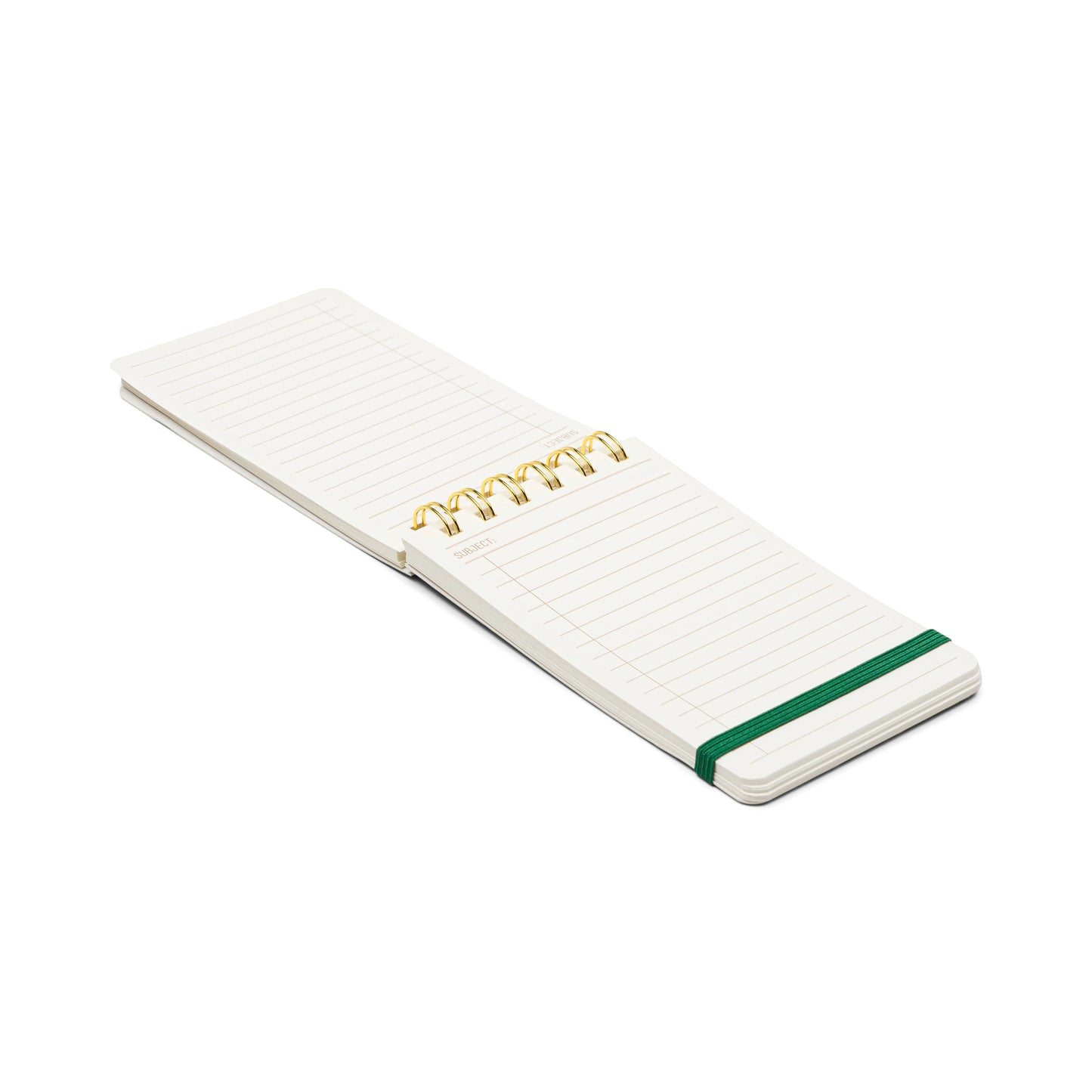 The Vintage Sass Notepad - Lucky you, a small twin wire notepad with lined pages, lies open and flat with a green elastic band on one end for retro charm.