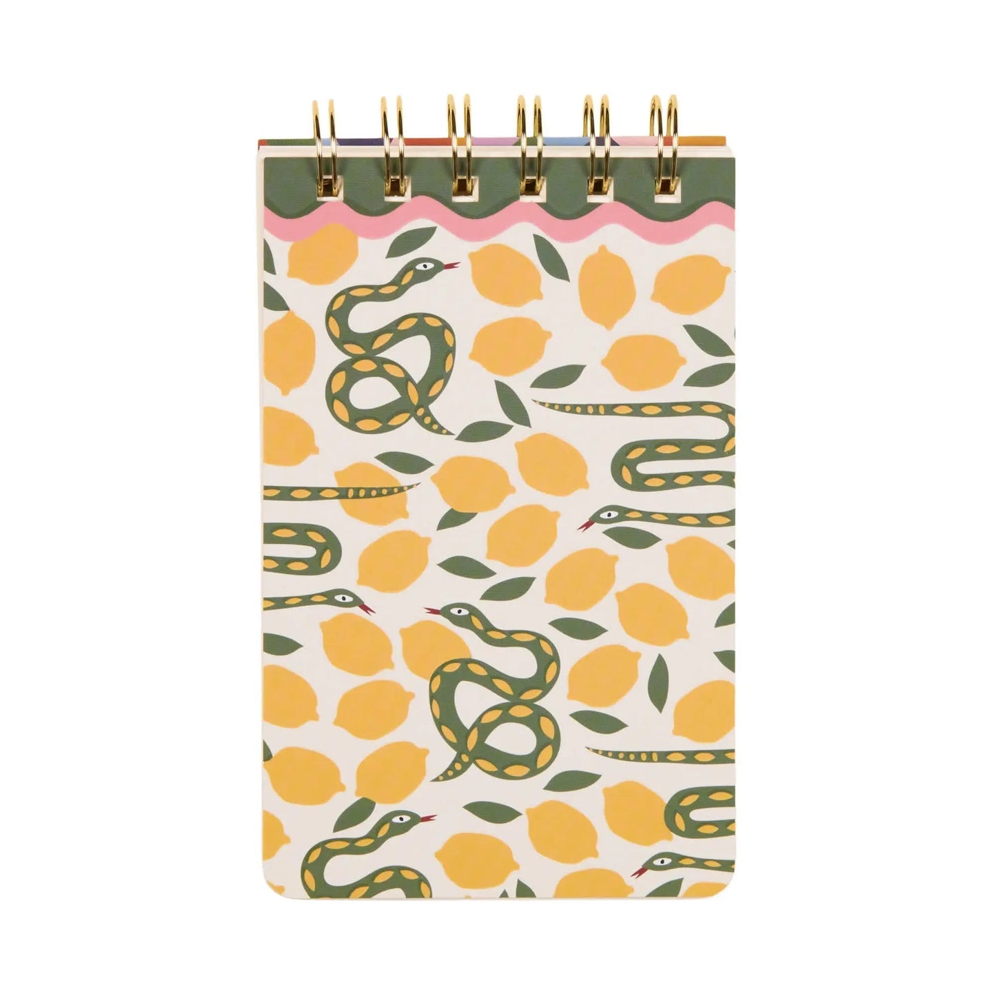 The A Dopo Snake Twin Wire Notepad features a spiral binding and a vibrant cover with yellow lemons, green leaves, and green snakes—perfect for capturing creative ideas or memories from your Mediterranean adventures.