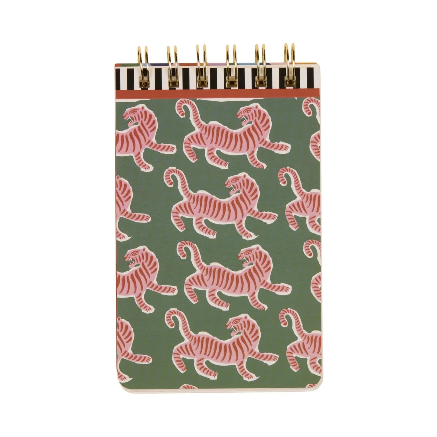 The A Dopo Tiger Twin Wire Notepad is a small spiral notebook with a green cover featuring pink and white tigers—ideal for jotting down ideas or adding flair to your Mediterranean-themed notepad collection.
