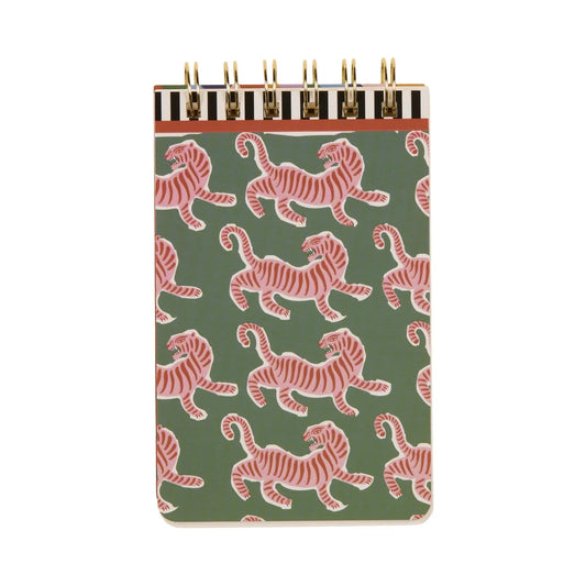 The A Dopo Tiger Twin Wire Notepad is a small spiral notebook with a green cover featuring pink and white tigers—ideal for jotting down ideas or adding flair to your Mediterranean-themed notepad collection.