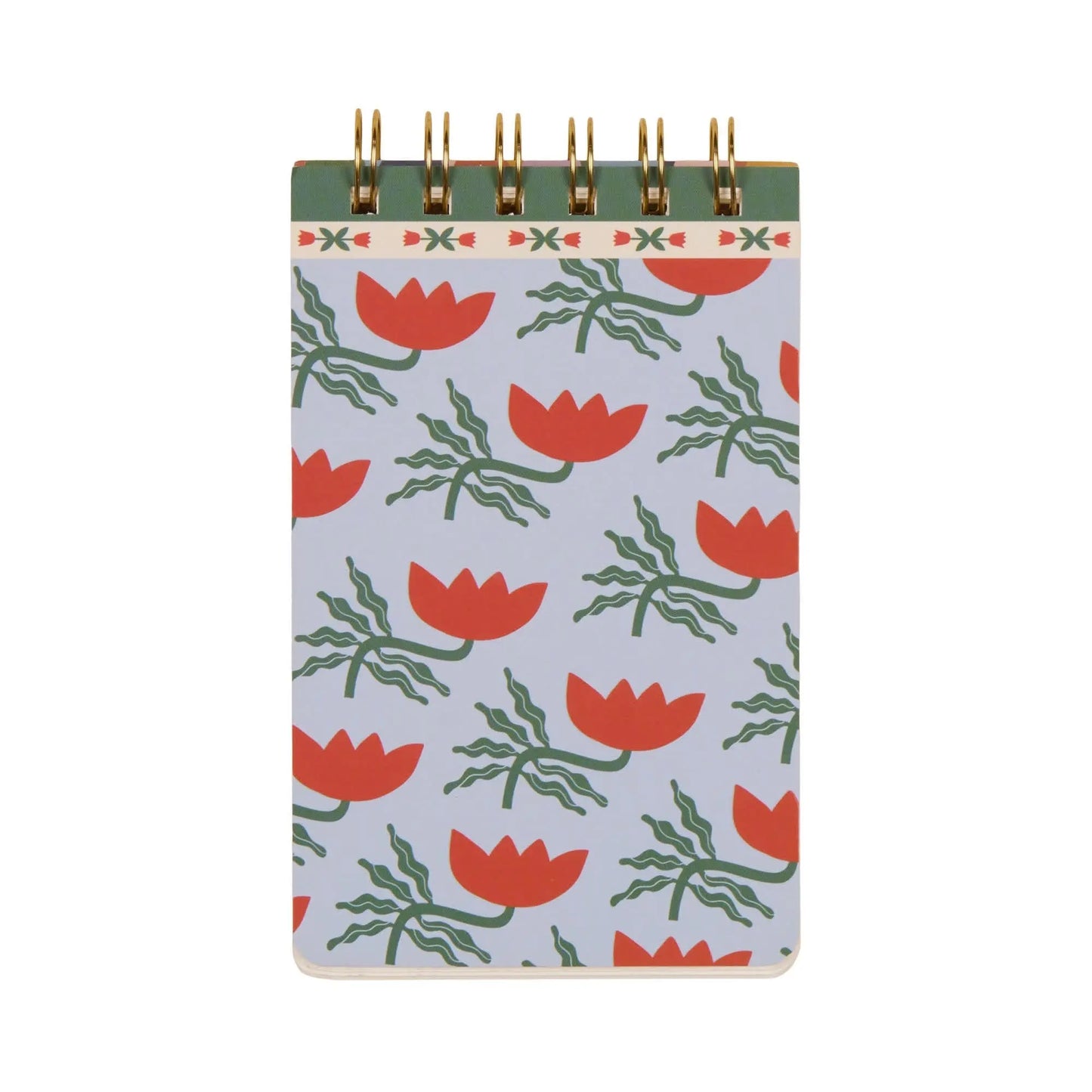 The A Dopo Flower Twin Wire Notepad features a light blue cover with hand-drawn red flowers and green leaves, capturing the charm of Mediterranean travel in a compact spiral design.