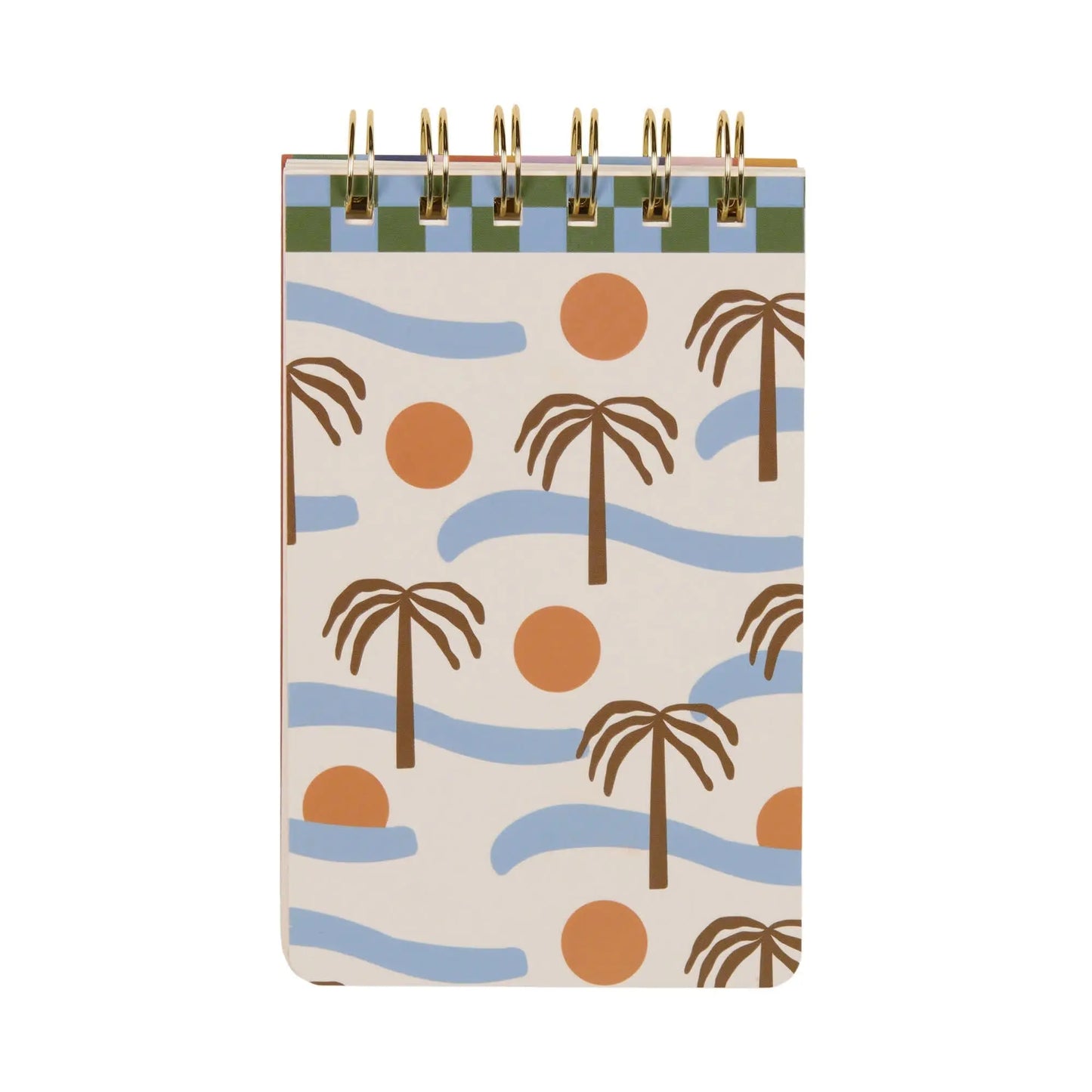 The A Dopo Palm Twin Wire Notepad features a spiral binding and a cover with hand-drawn palm trees, orange circles, and wavy blue lines on a light background, inspired by Mediterranean adventures.