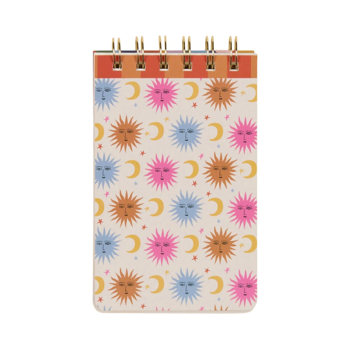 The A Dopo Sun Twin Wire Notepad is a small, spiral-bound pad with hand-drawn pink, blue, and brown sun, moon, and star designs—ideal for capturing Mediterranean travel memories.