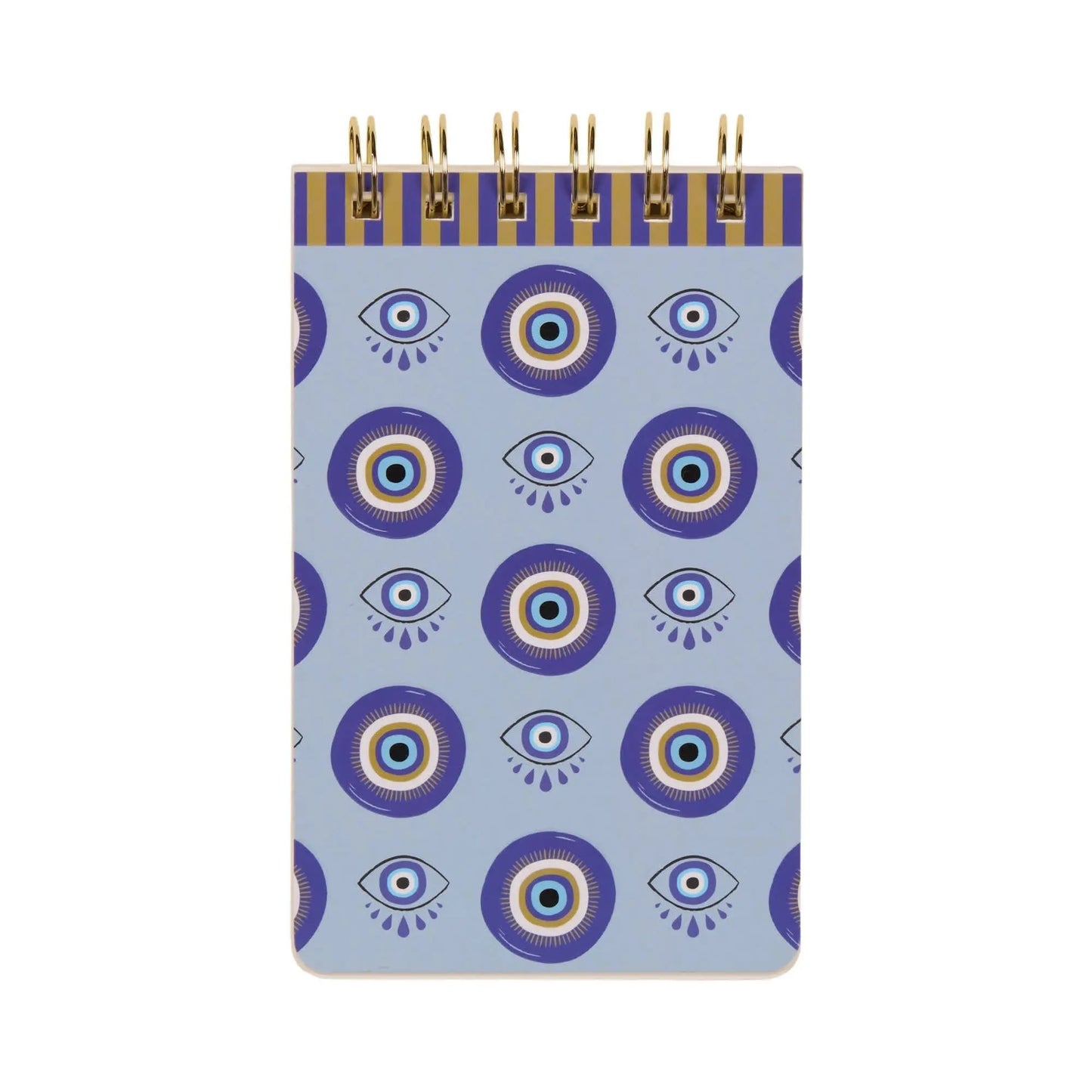 The A Dopo Eye Twin Wire Notepad is a small notepad with a blue and white Mediterranean-inspired cover featuring stylized eyes and circular designs—perfect for sparking creativity.