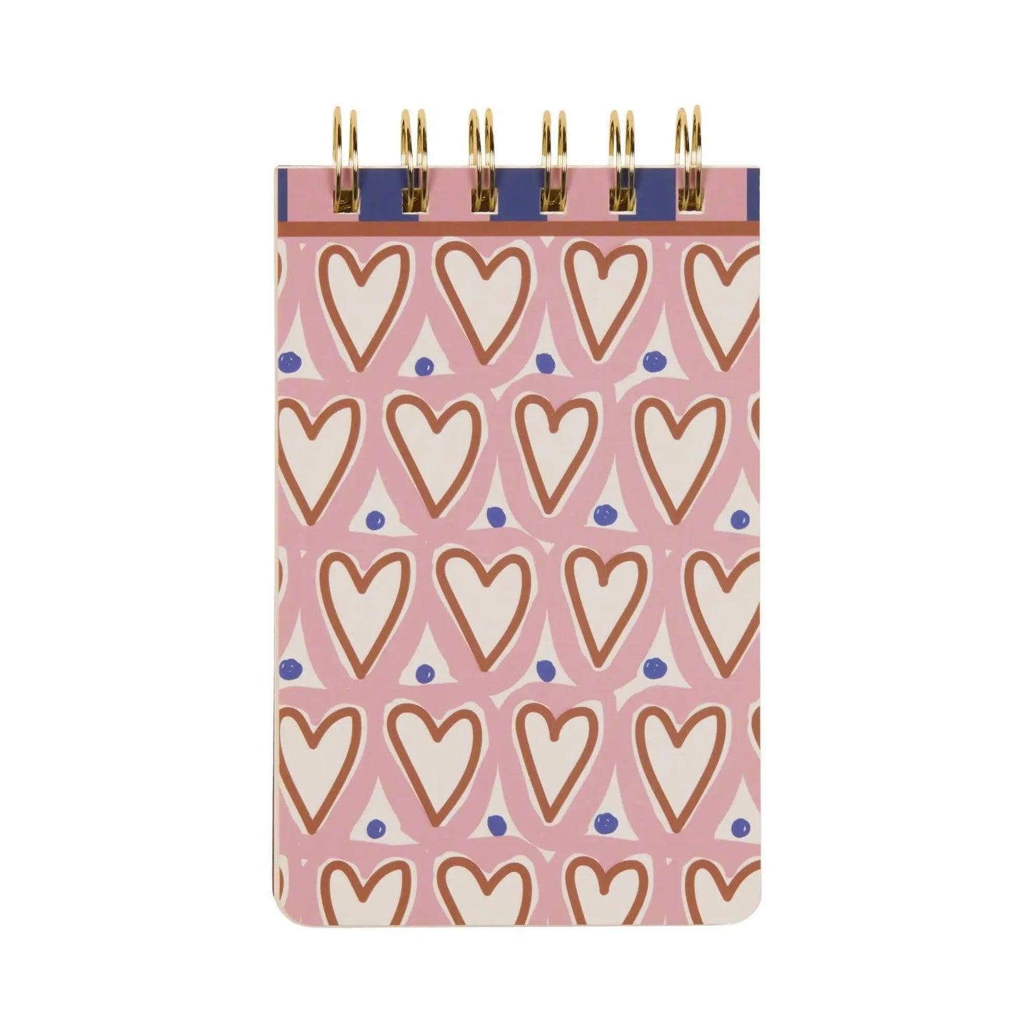 The A Dopo Hearts Twin Wire Notepad features a pink cover with white hearts outlined in brown and scattered blue dots, making it a charming addition to our whimsical collection.