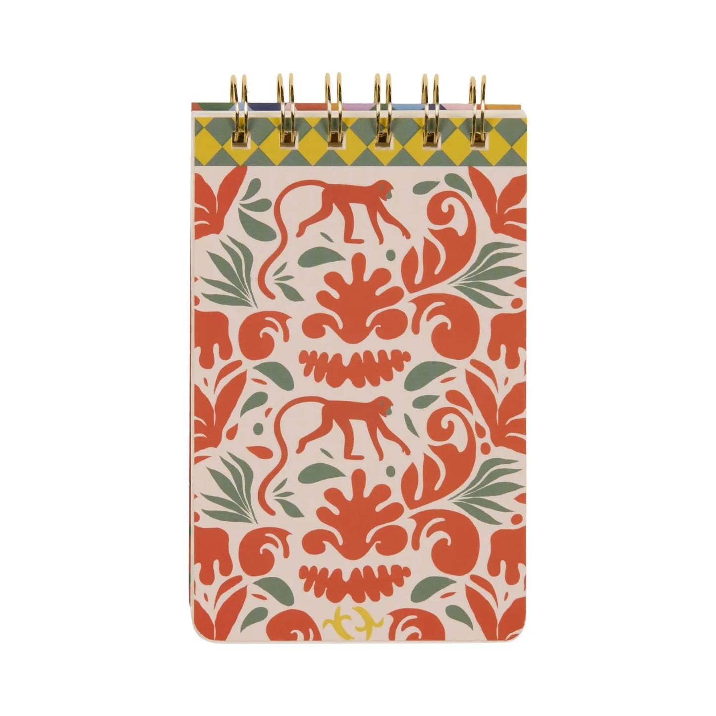 The A Dopo Monkey Twin Wire Notepad features hand-drawn orange and green monkeys with foliage motifs on a light cover, bringing Mediterranean travel vibes to a compact spiral-bound notebook.