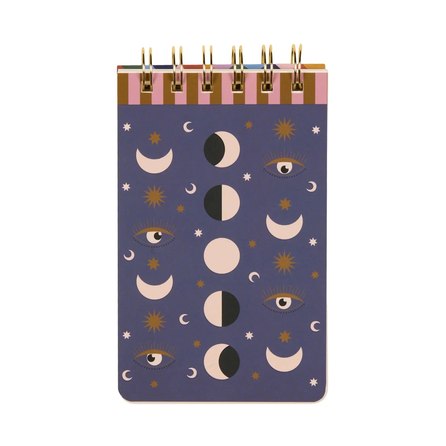 The A Dopo Moon Phases Twin Wire Notepad features a dark purple cover with hand-drawn moon phases, stars, and eyes in a repeating pattern—ideal for jotting down thoughts inspired by Mediterranean adventures.