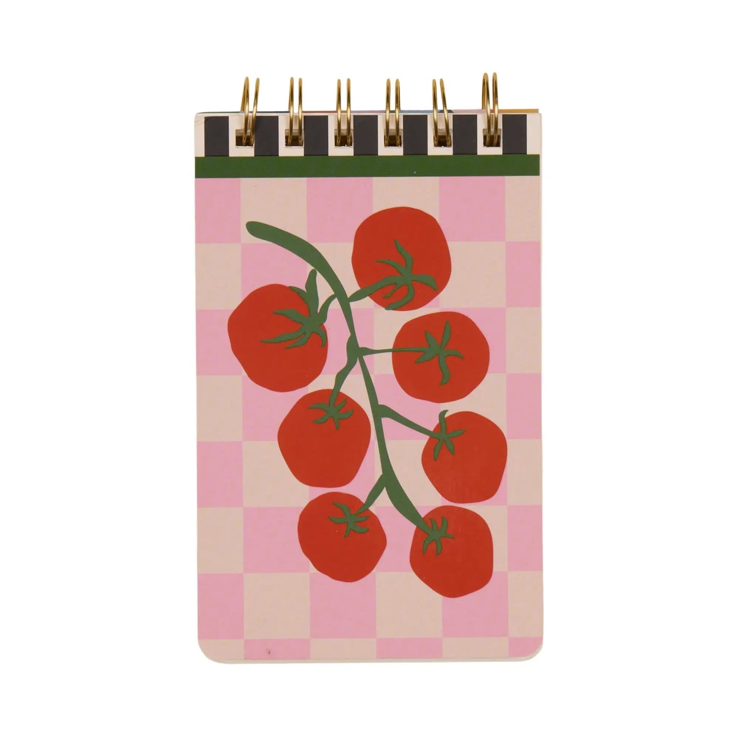 The A Dopo Tomato Twin Wire Notepad features a pink and cream checkered cover with a tomato vine illustration—ideal for jotting down creative bursts or Mediterranean-inspired notes.