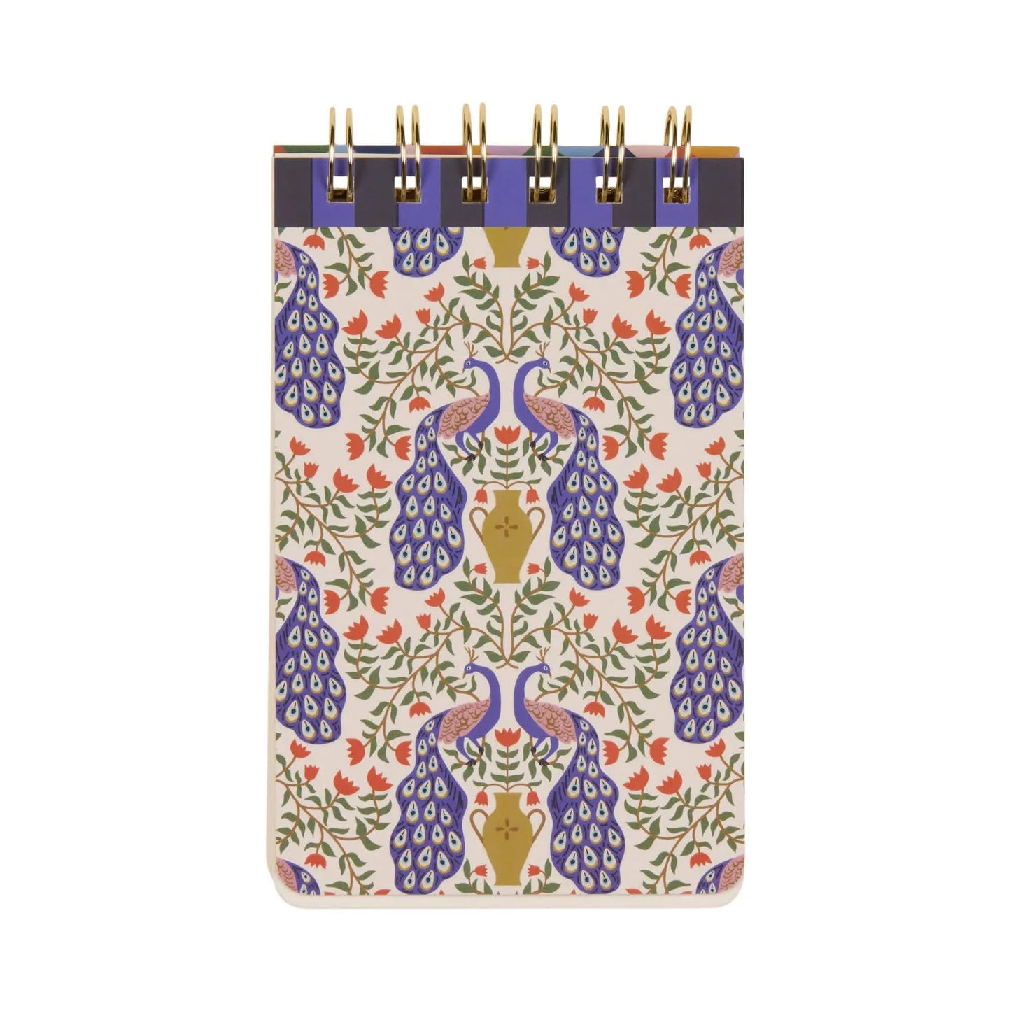 The A Dopo Peacock Twin Wire Notepad features a Mediterranean-inspired cover with blue and gold peacocks among branches and red flowers, perfect for sparking creativity.